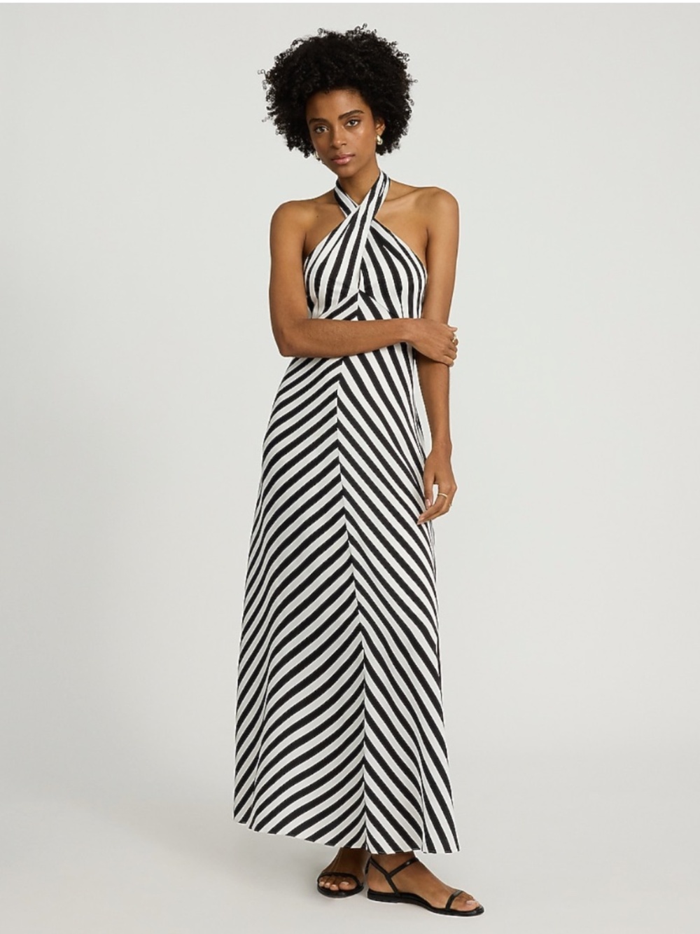 Striped Tie Halter Maxi Dress Black & White Stripe